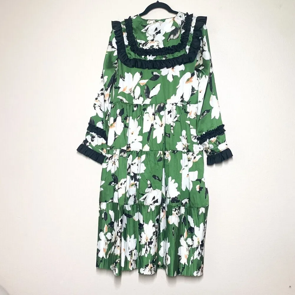 Sister Jane Flora Dorm Ruffle Midi Dress XS Floral Green Long Sleeve Big Collar - Picture 7 of 7